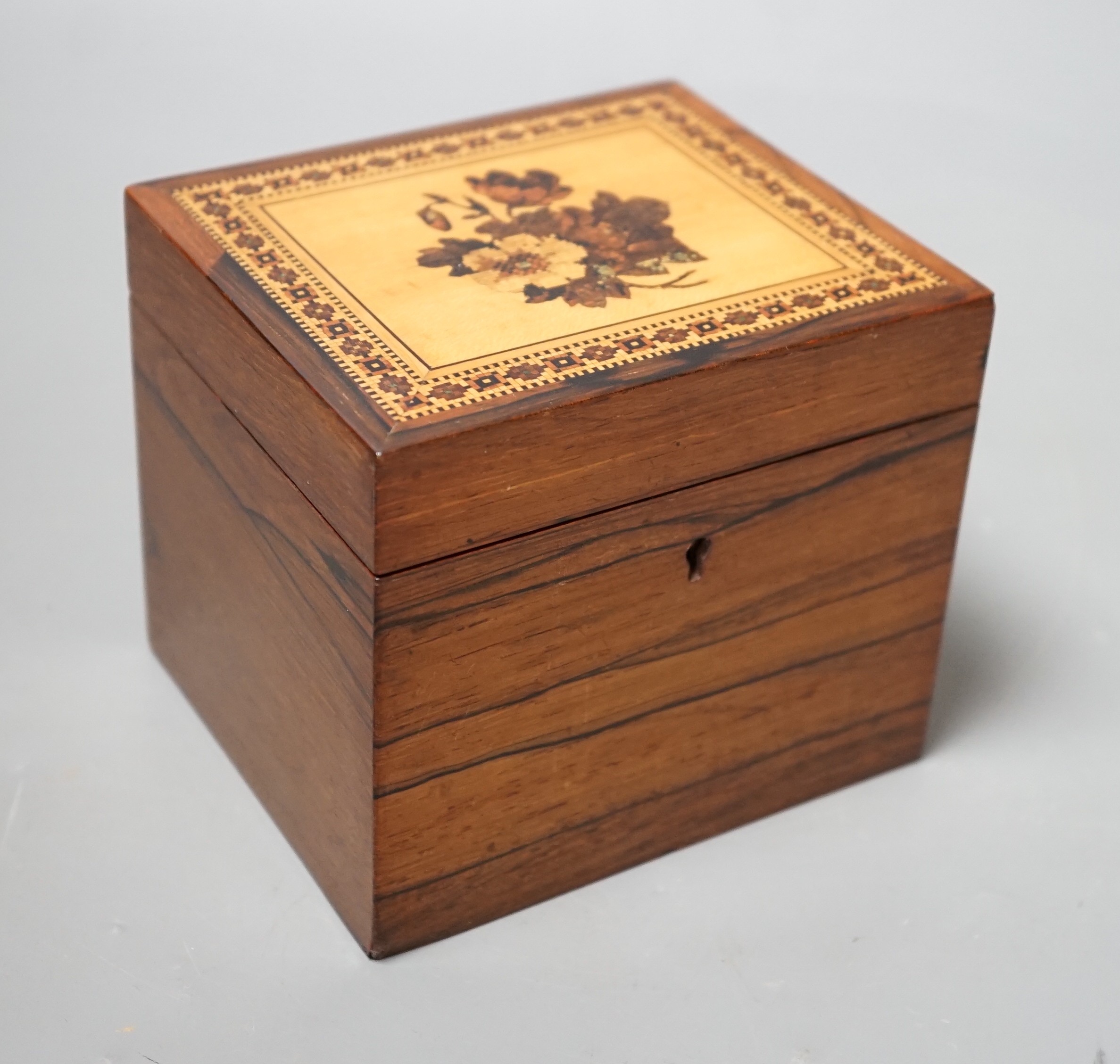 A Tunbridge ware rosewood tea caddy, late 19th century, 10cm high